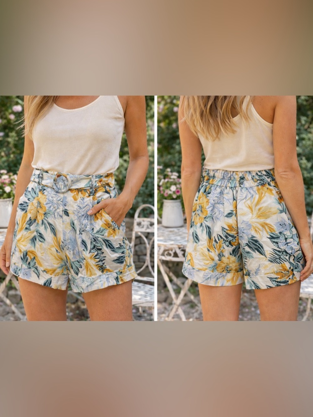High Waist Floral Paperbag Shorts - Yellow Floral